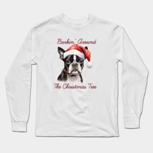 Christmas Boston Terrier Dog in Santa Hat Long Sleeve T-Shirt